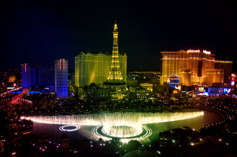 Las Vegas night skyline with fountains