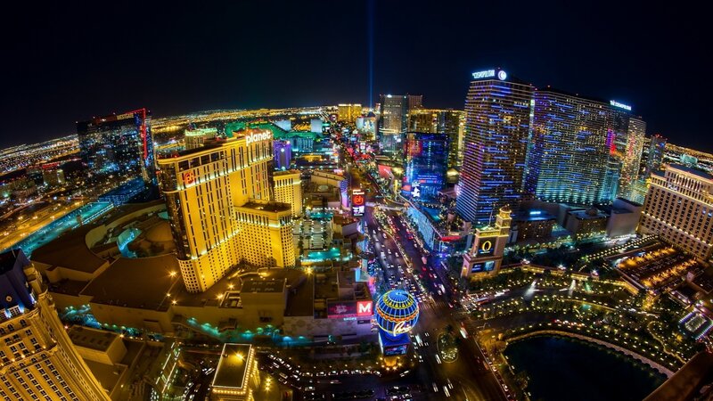 Las Vegas Skyline at Night — Black, Dramatic, Photograph, Buildings, Lights