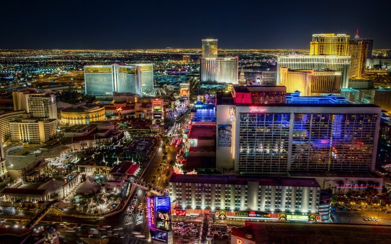 Las Vegas Skyline at Night — Black, Dramatic, Photograph, Buildings, Lights, Traffic