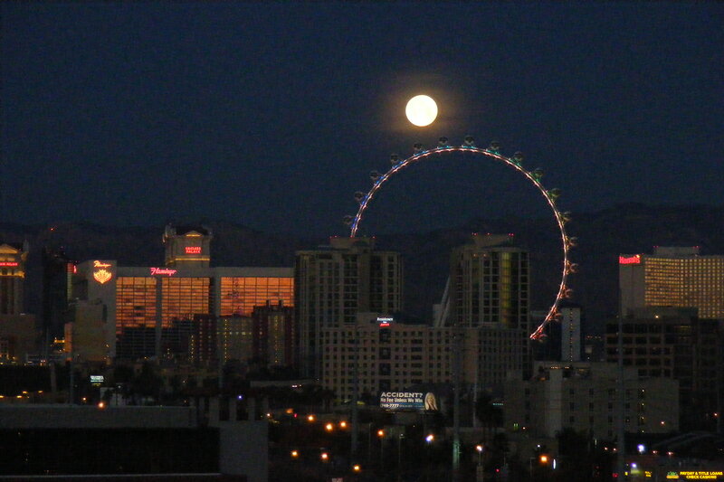 Las Vegas Skyline at Night — Black, Dramatic, Photograph, Moon