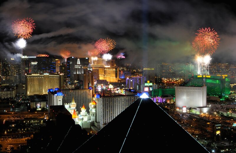 Las Vegas skyline at night with fireworks