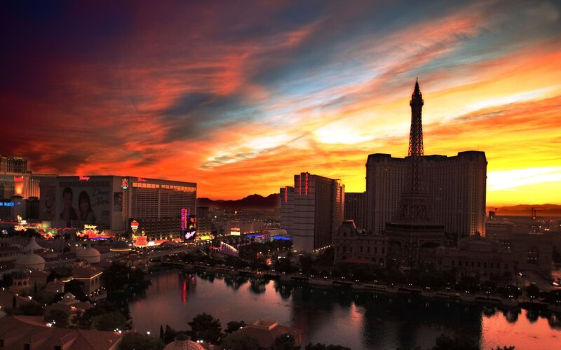 Las Vegas Skyline at Sunset — Orange, Dramatic, Photograph, Eiffel Tower Replica