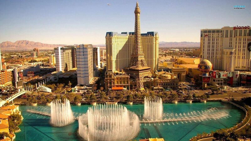 Las Vegas skyline with fountains