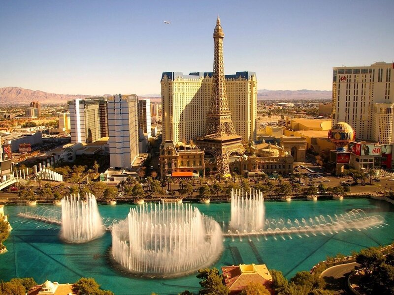 Las Vegas skyline with fountains