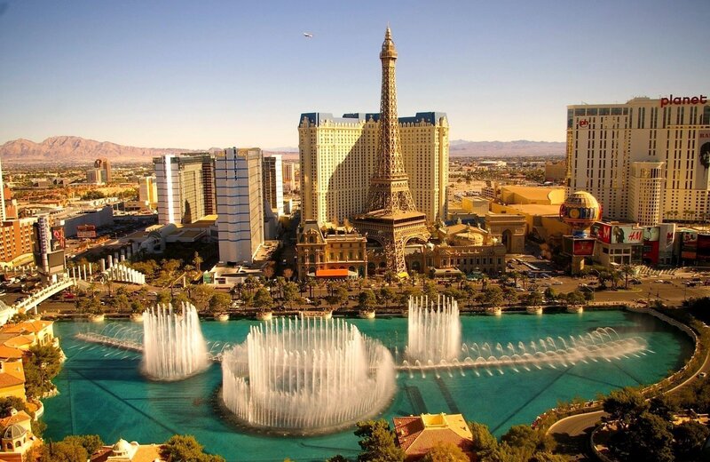 Las Vegas skyline with fountains