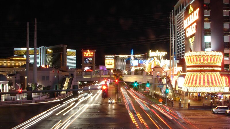 Las Vegas Strip at Night — Black, Dramatic, Photograph, Casinos, Traffic, Neon Signs
