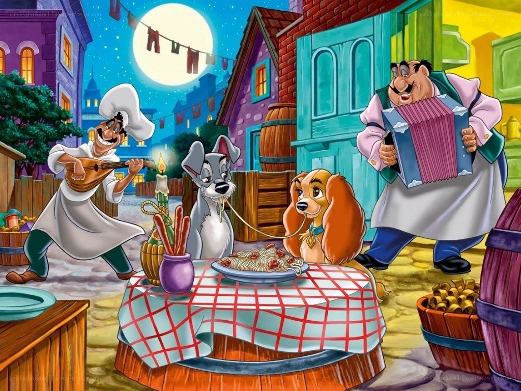 Lassie and Tramp sharing spaghetti