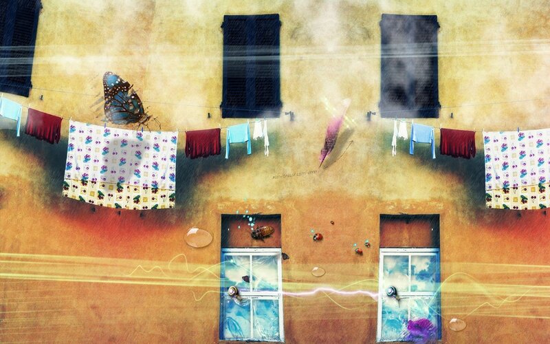 Laundry on a sunlit wall