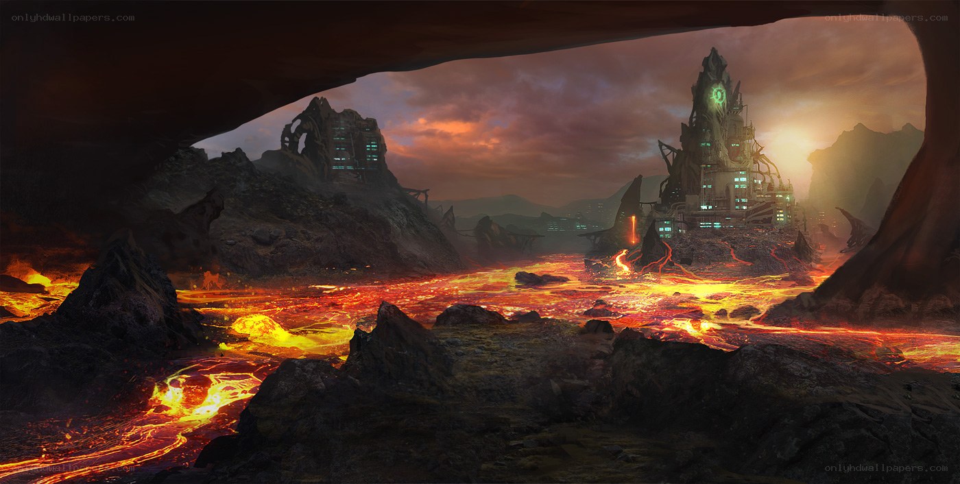 lava cave with futuristic city