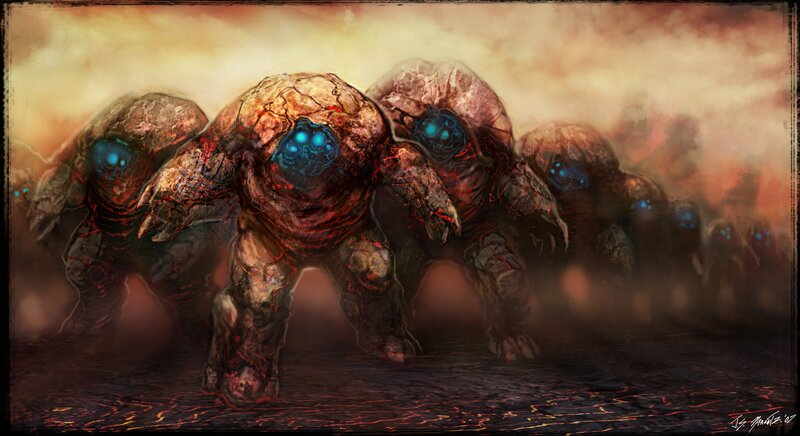 Lava creatures in a volcanic landscape
