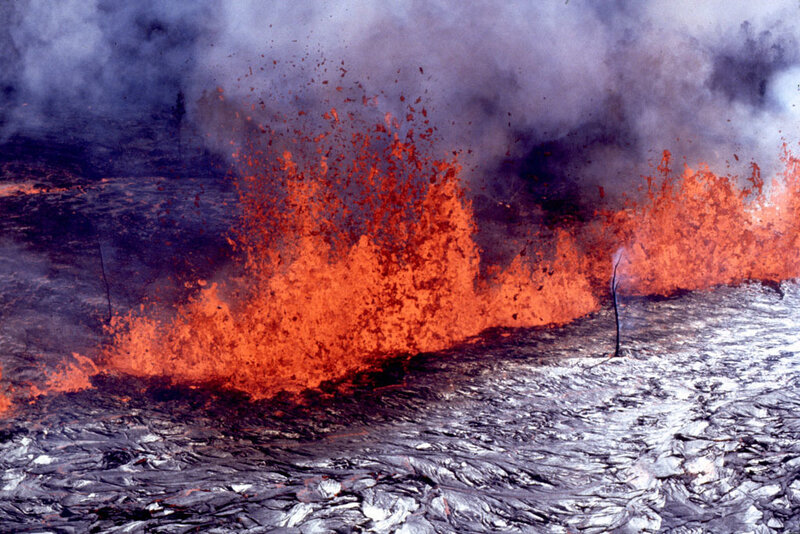 Lava Erupting from Volcano — Red, Dramatic, Photograph, Smoke, Magma, Volcanic Rock
