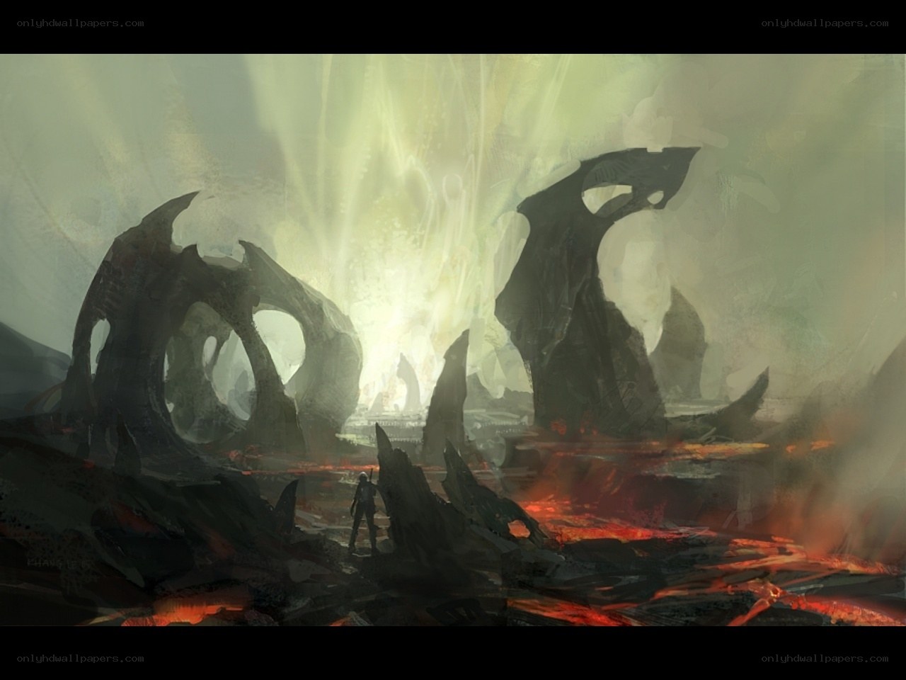 lava-filled ruin with figure
