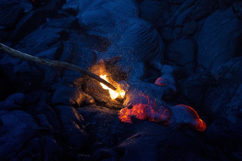 Lava Flow at Night — Black, Dramatic, Photograph, Fire