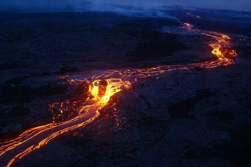 Lava Flow at Night — Black, Dramatic, Photograph, Volcano, Rock