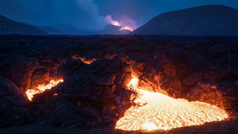 Lava Flow at Night — Black, Dramatic, Photograph, Volcano
