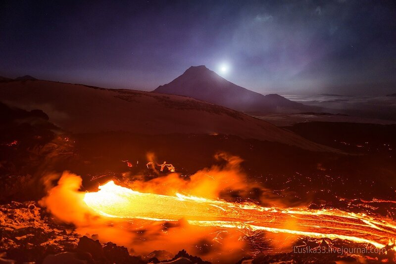 Lava Flow at Night — Orange, Dramatic, Photograph, Volcano