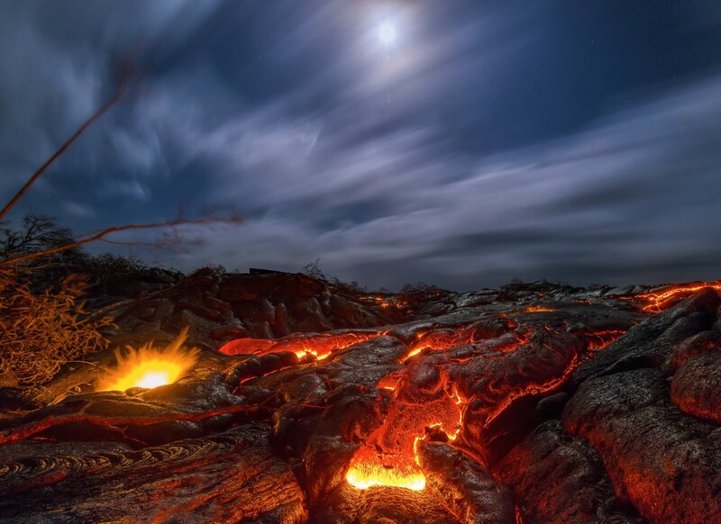 Lava Flow at Night — Red, Dramatic, Photograph, Moon