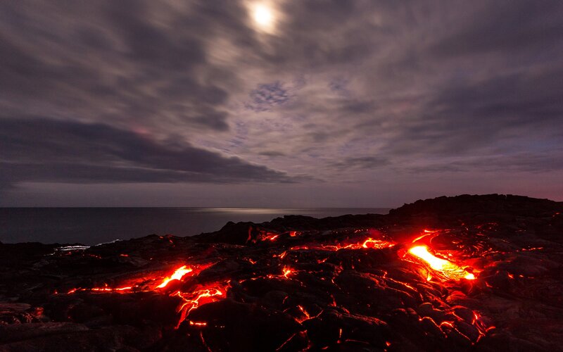 Lava Flow at Night — Red, Dramatic, Photograph, Ocean