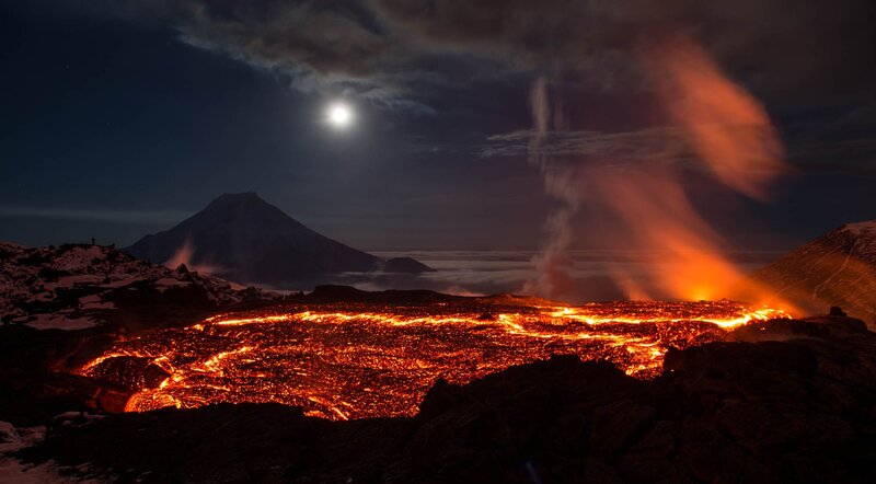 Lava Flow at Night — Red, Dramatic, Photograph, Volcano, Moon