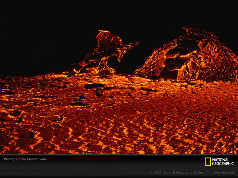 Lava Flow at Night — Red, Dramatic, Photograph, Volcano, Rock, Dark Sky
