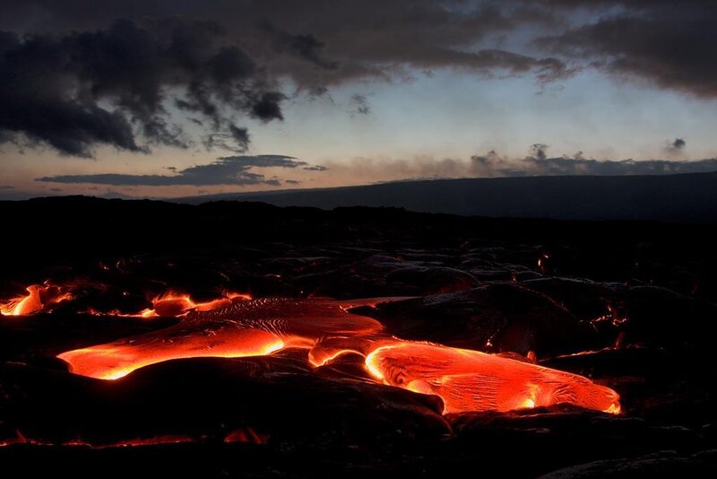 Lava Flow at Night — Red, Dramatic, Photograph, Volcano, Sky, Clouds