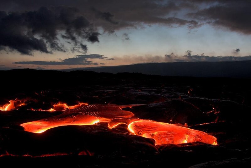 Lava Flow at Night — Red, Dramatic, Photograph, Volcano, Sky