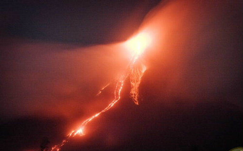 Lava Flow at Night — Red, Dramatic, Photograph, Volcano, Smoke, Black