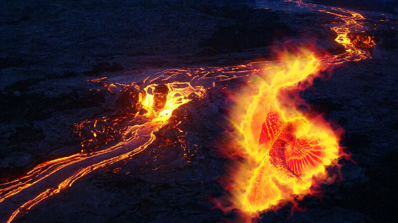 Lava flow erupting at night
