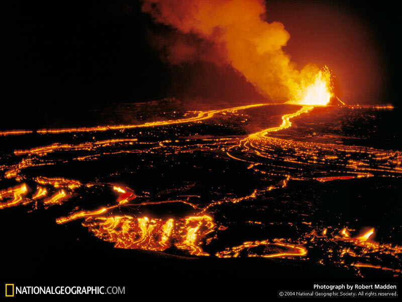Lava flow from a volcanic eruption