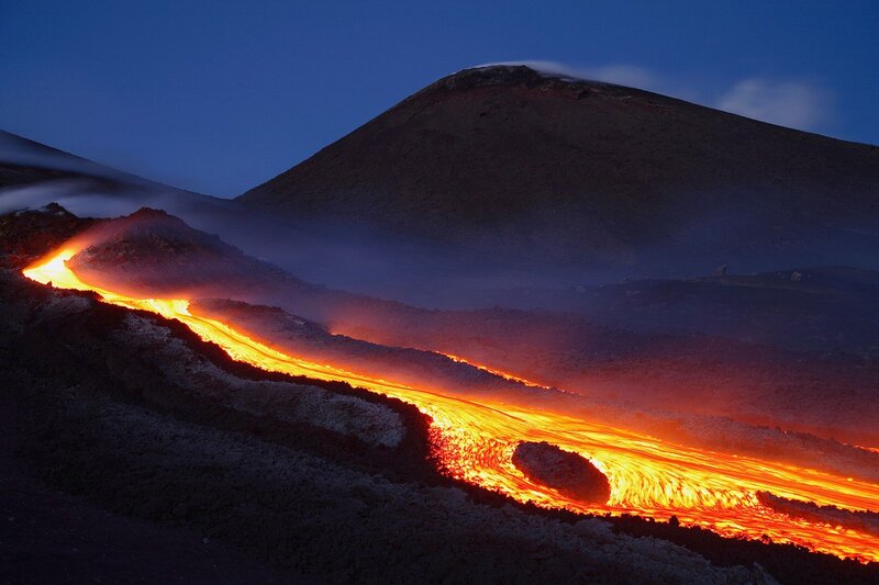 Lava Flow from Volcano — Orange, Dramatic, Night