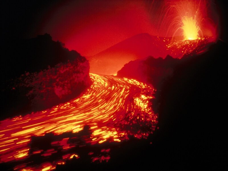 Lava Flow from Volcano — Red, Dramatic, Night, Photograph, Night Sky