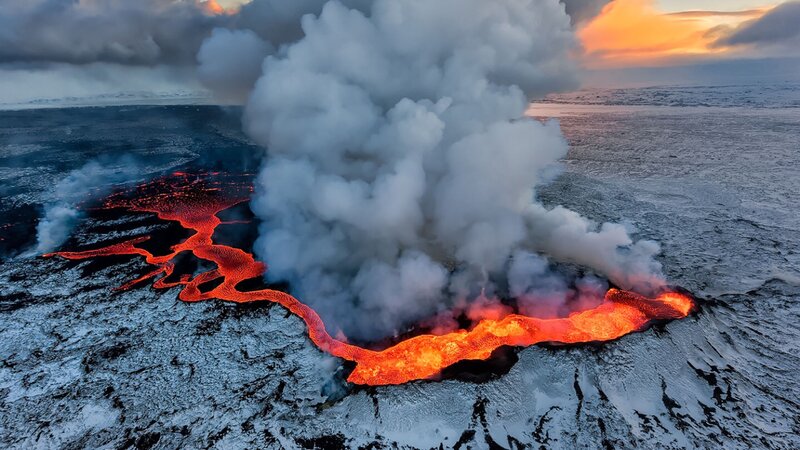 Lava Flow from Volcano — Red, Dramatic, Sunset, Photograph