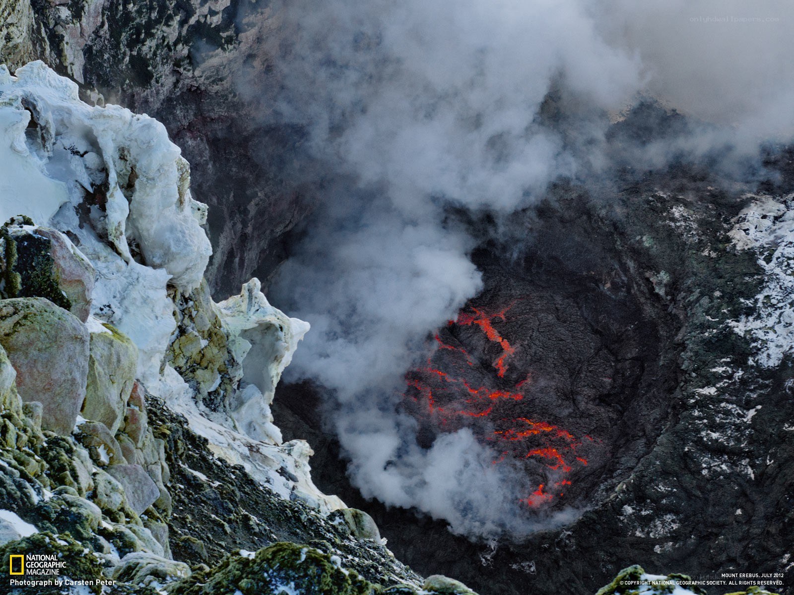 Lava flow in a volcanic crater