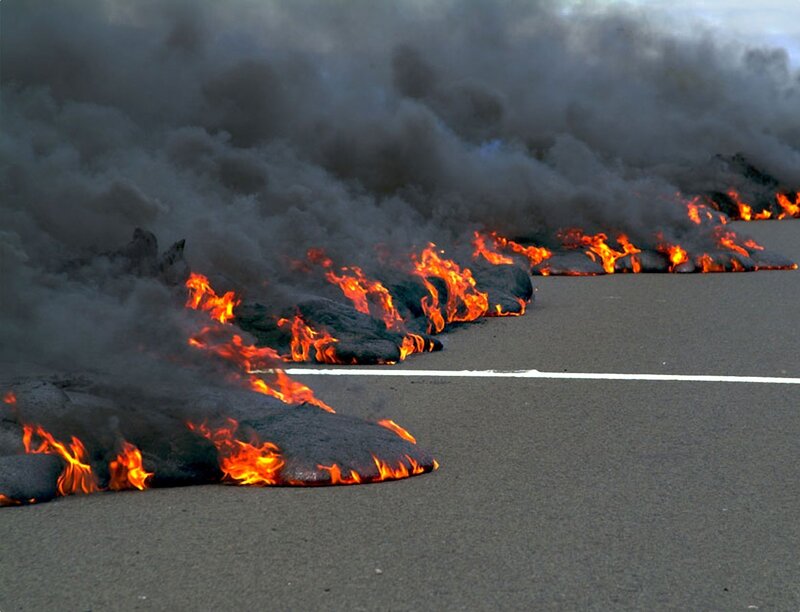 Lava flow on a road