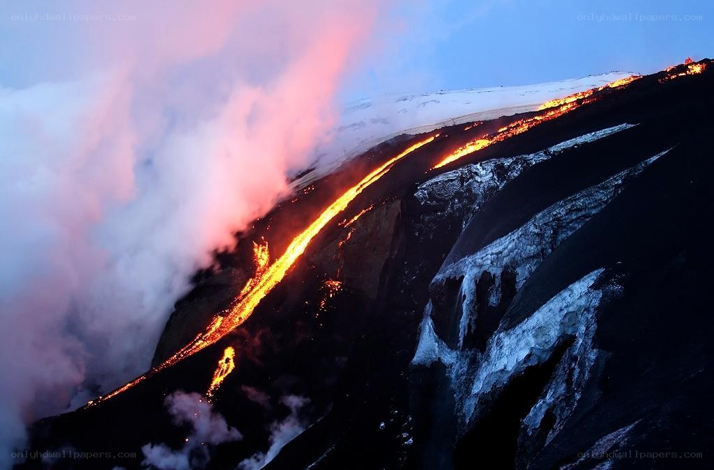 Lava flow on a snowy mountain