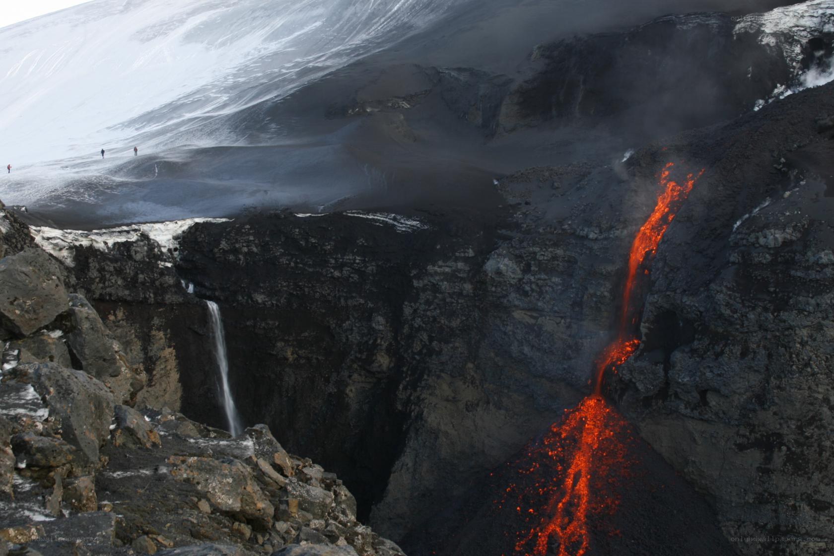 Lava flow on a snowy mountain