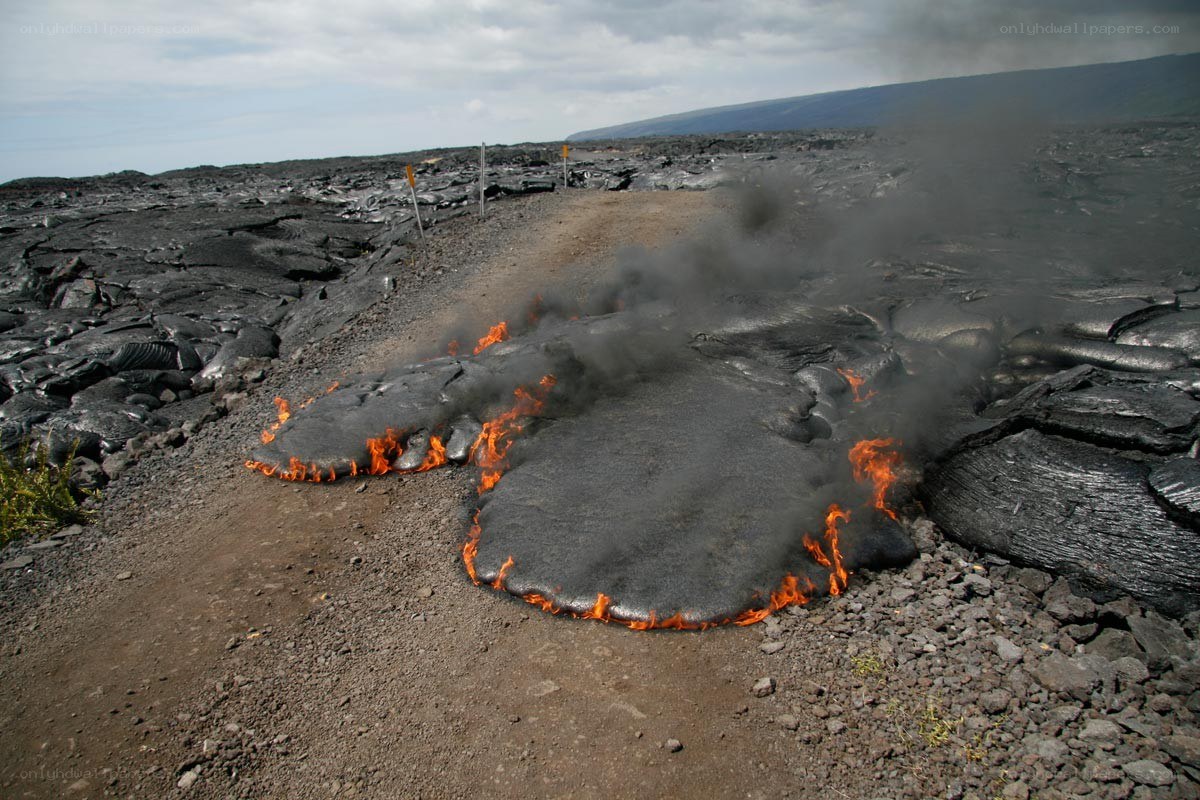Lava flow on a volcanic landscape