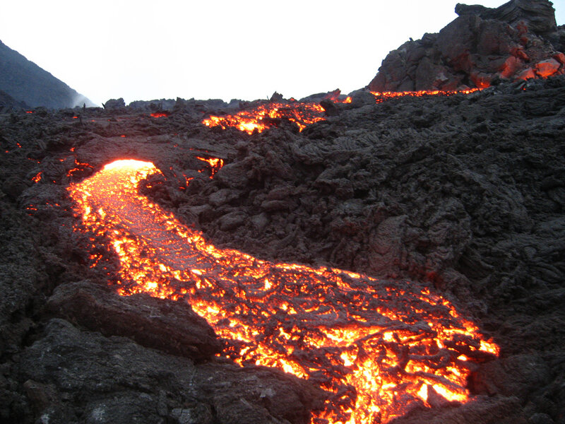 Lava flow on volcanic landscape