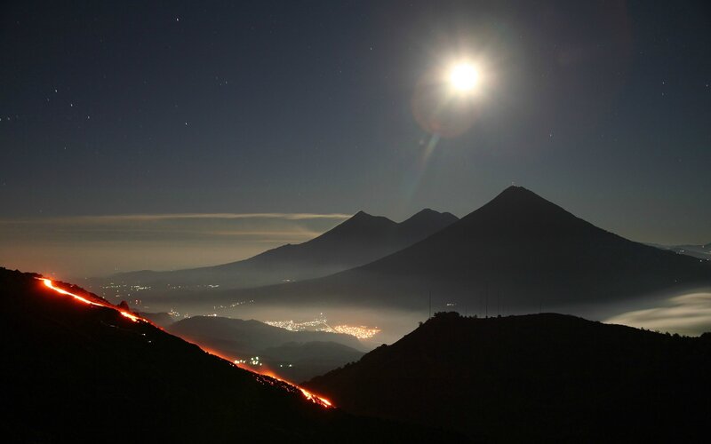 Lava Flow on Volcano — Black, Dramatic, Night, Photograph, Moon