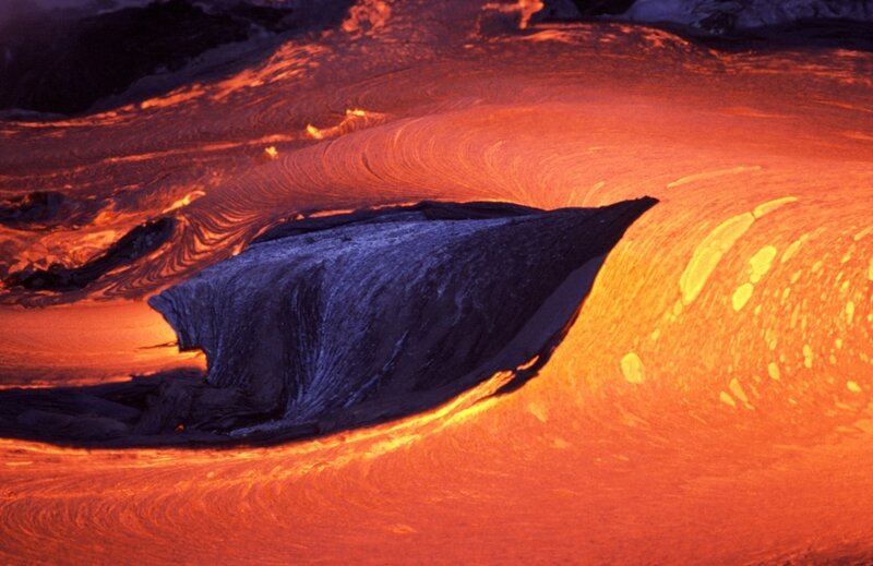 Lava Flow on Volcano — Orange, Dramatic, Night, Photograph, Rock