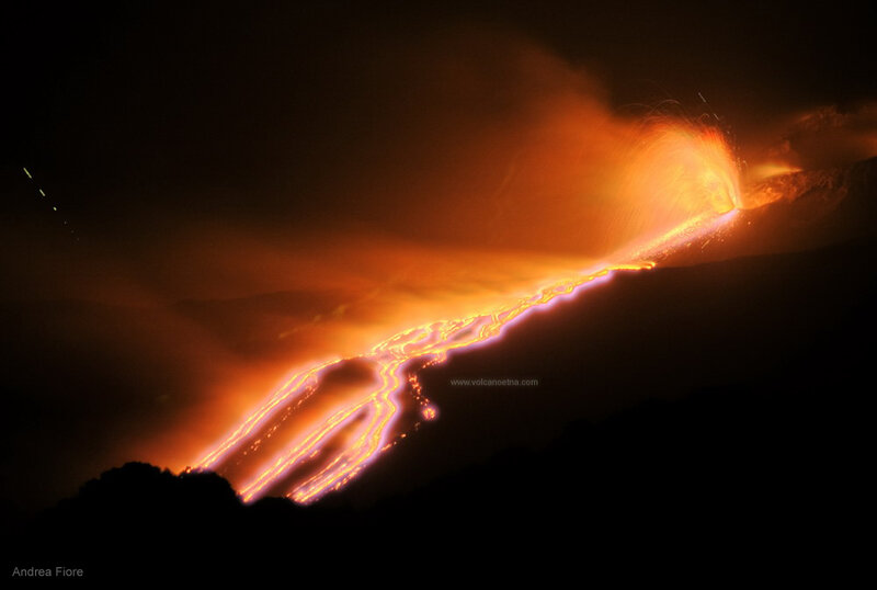 Lava Flow on Volcano — Orange, Dramatic, Night, Photograph