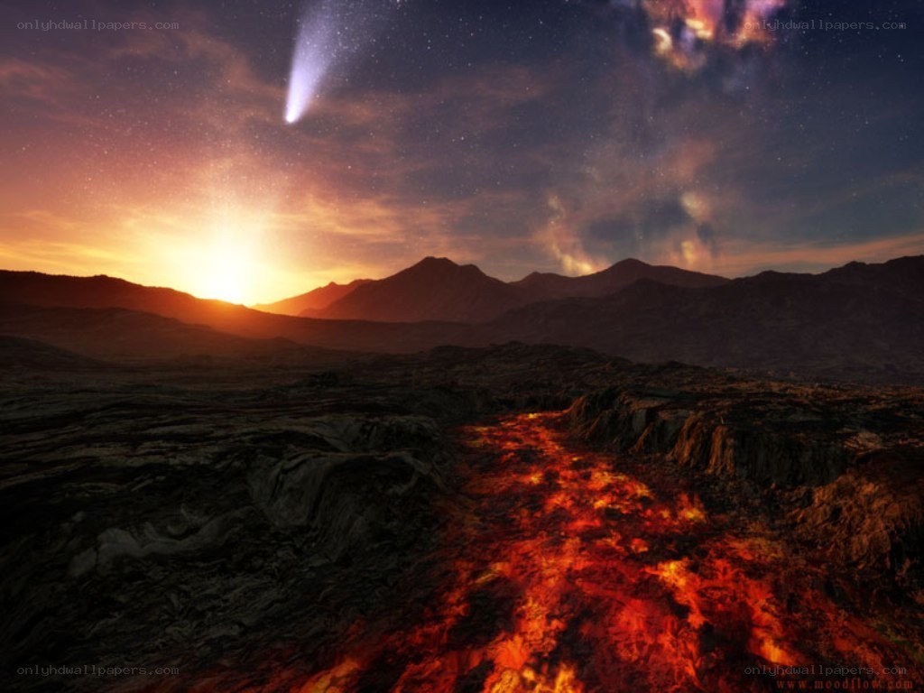 Lava flow under comet sky