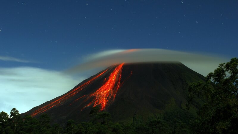 Lava Flowing Down Volcano — Black, Dramatic, Night, Photograph