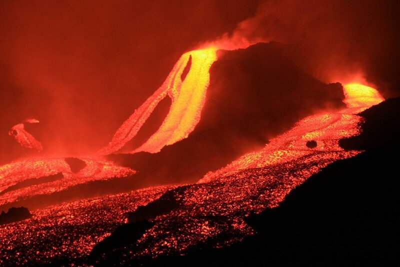 Lava Flowing from Volcano — Red, Dramatic, Night, Photograph