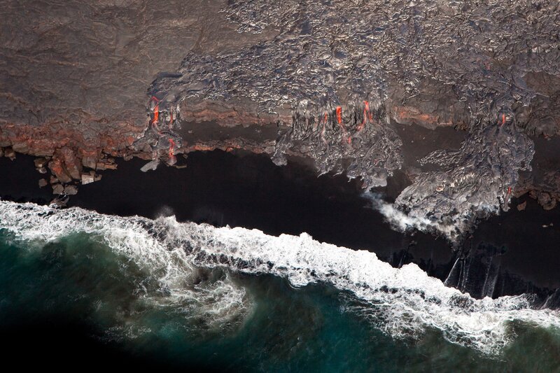 Lava Flowing into Ocean — Black, Dramatic, Photograph, Ocean Waves