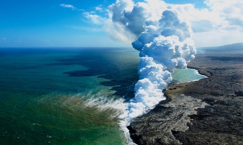 Lava Flowing into Ocean — Blue, Dramatic, Afternoon