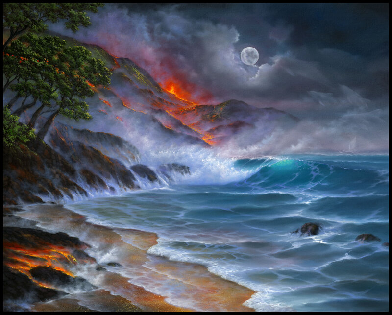 Lava Flowing into Ocean — Blue, Dramatic, Night, Painting