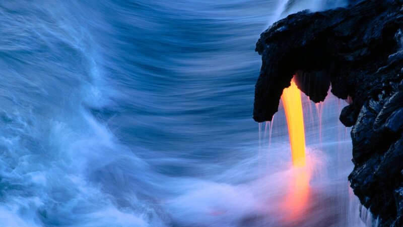 Lava Flowing into Ocean — Blue, Dramatic, Night, Photograph, Ocean Waves, Volcanic Rock