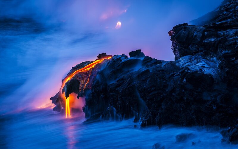 Lava Flowing into Ocean — Blue, Dramatic, Night, Photograph, Rock, Sky