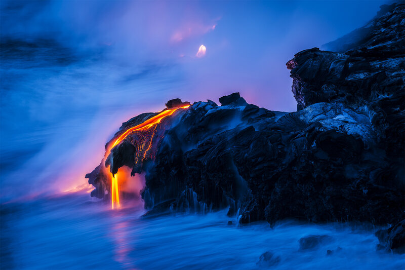 Lava Flowing into Ocean — Blue, Dramatic, Night, Photograph, Rock